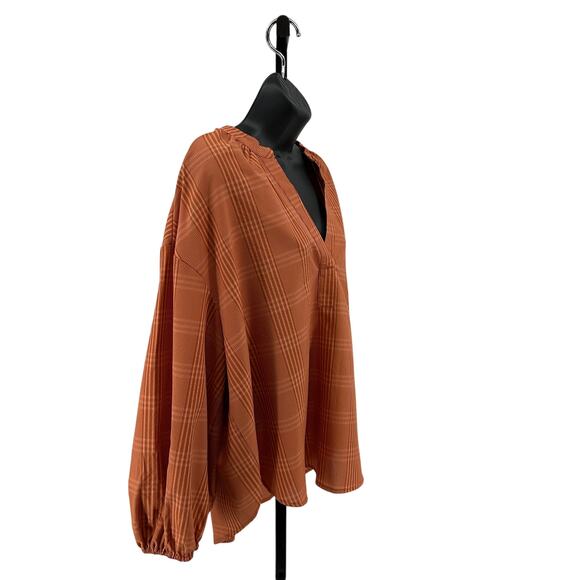 A New Day Popover Blouse WMNS XXL Rust Plaid Long Sleeve Office Work Top Shirt - Picture 3 of 10